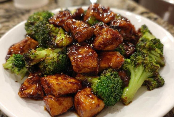 Close-up of glossy, saucy chicken and bright green broccoli florets, perfect for chicken and broccoli dinner.