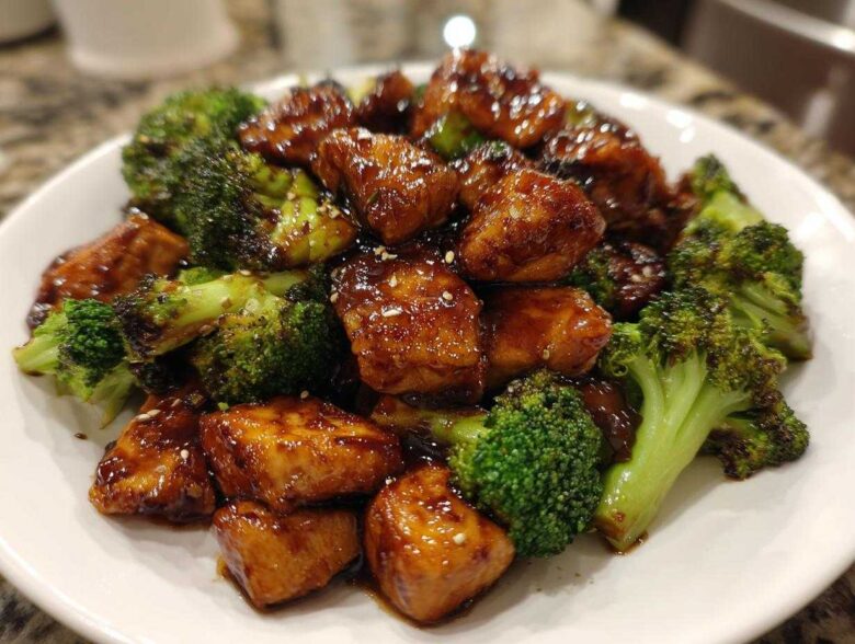Close-up of glossy, saucy chicken and bright green broccoli florets, perfect for chicken and broccoli dinner.