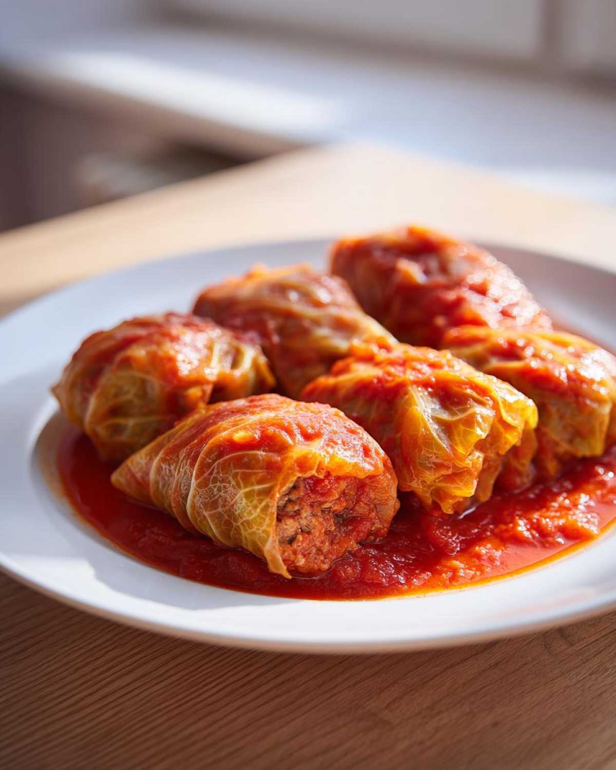 Four plump cabbage rolls stuffed with meat filling, smothered in rich tomato sauce, served on a white plate.