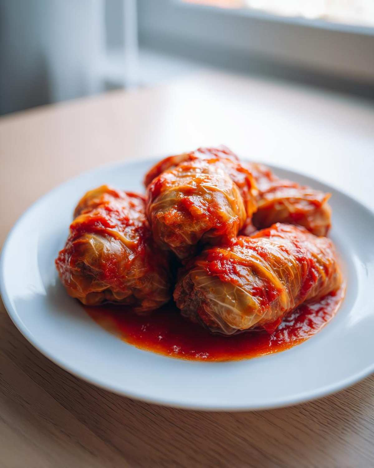 A plate of savory cabbage rolls smothered in bright red tomato sauce, ready to eat.