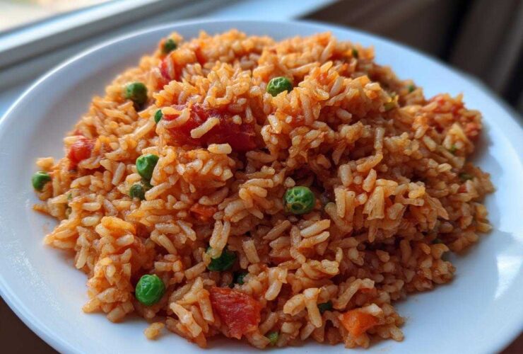 Close-up of a serving of fluffy spanish rice mixed with bright green peas and chunks of tomato on a white plate.