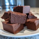 A stack of rich, dark chocolate fudge squares piled on a white plate, showing the creamy texture of the fudge.