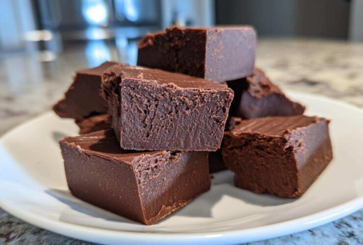 A stack of rich, dark chocolate fudge squares piled on a white plate, showing the creamy texture of the fudge.