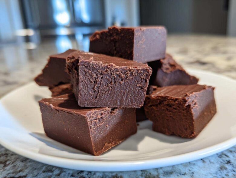 A stack of rich, dark chocolate fudge squares piled on a white plate, showing the creamy texture of the fudge.