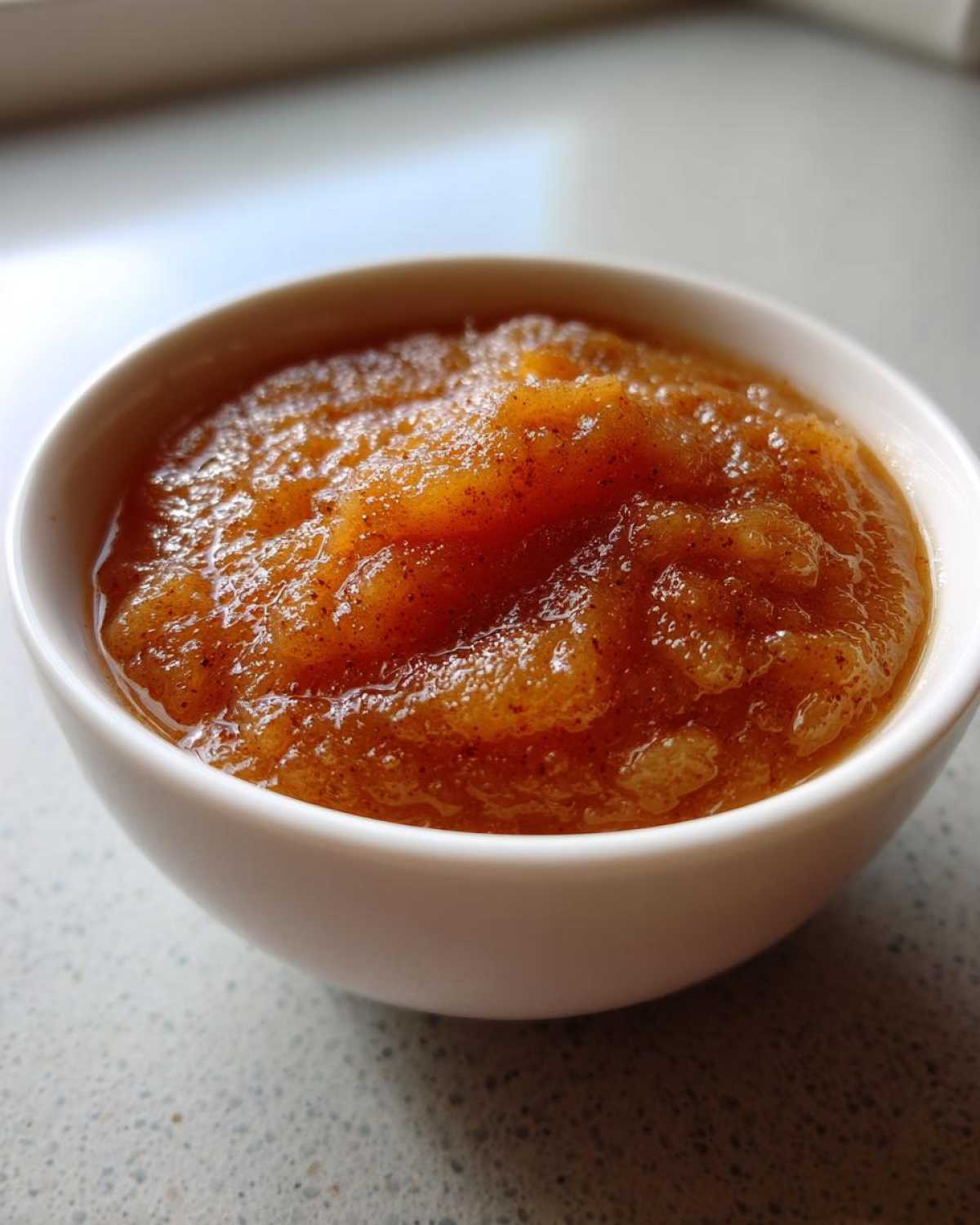 A close-up of thick, rich, homemade applesauce sprinkled with cinnamon served in a small white bowl.