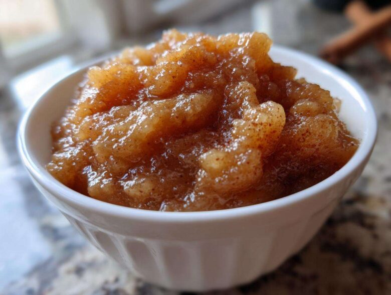 Close-up of chunky, homemade applesauce seasoned with cinnamon served in a small white bowl.