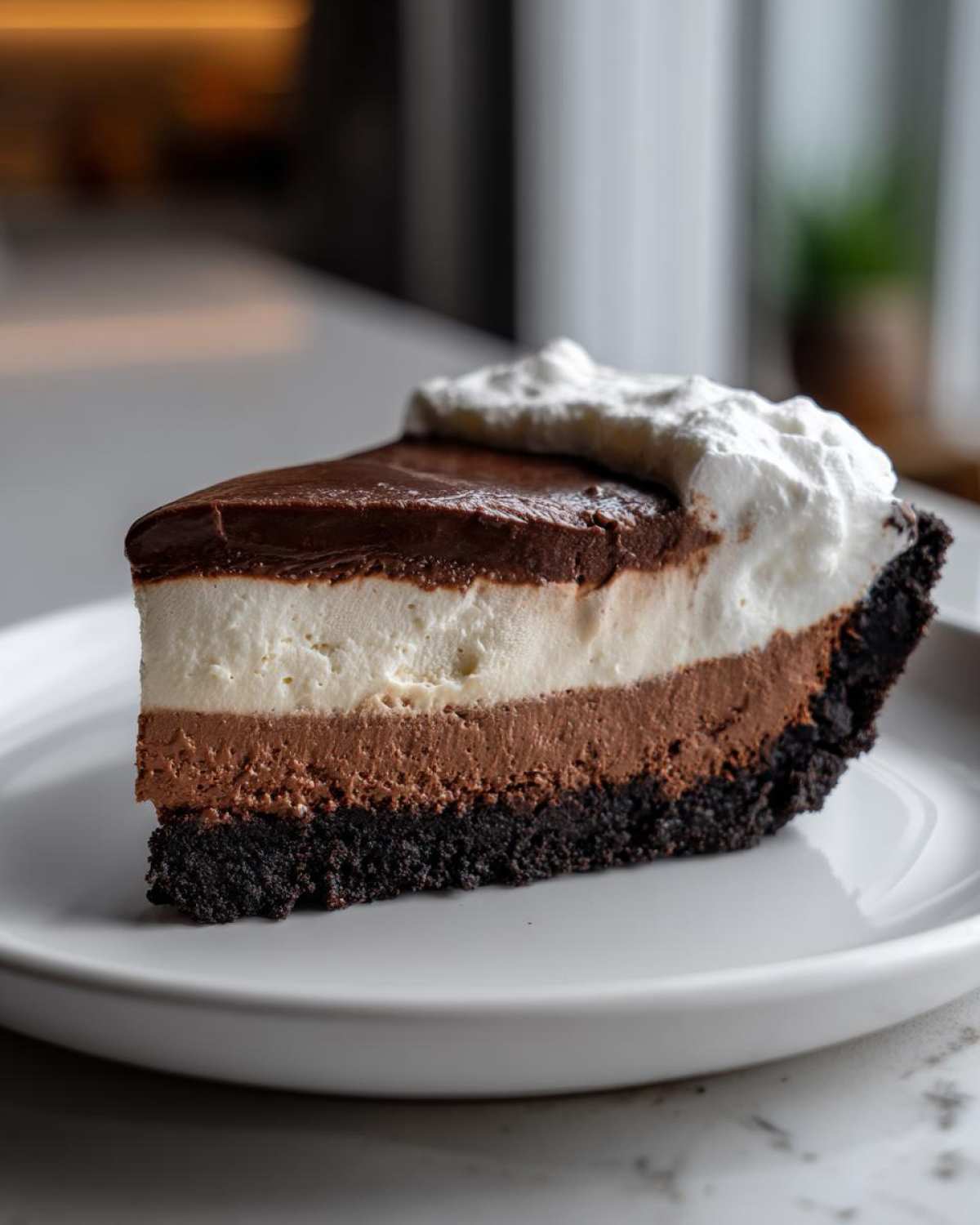 A perfect slice of 4-layer mud pie featuring a dark crust, two layers of mousse, a chocolate ganache top, and whipped cream.