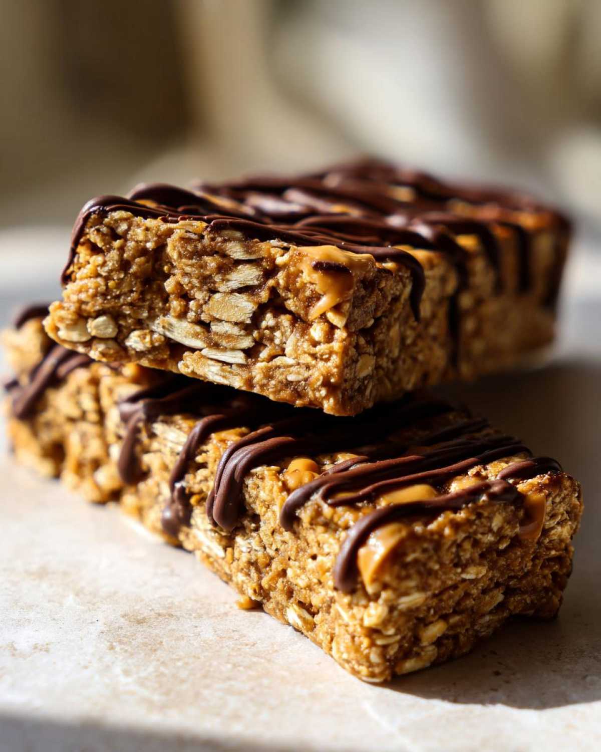 Two stacked, chewy homemade protein bars drizzled with dark chocolate, showing oats and peanut butter texture.