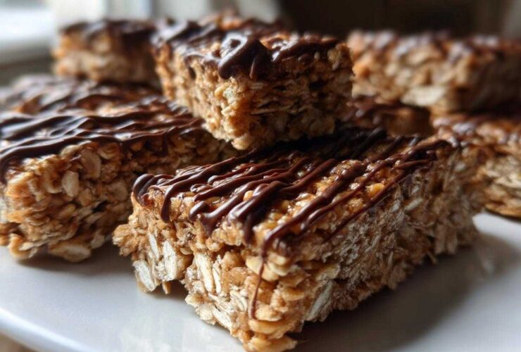 Close-up of homemade protein bars made with oats and drizzled with melted chocolate.