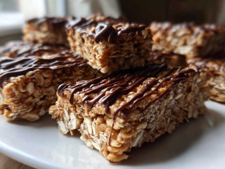 Close-up of homemade protein bars made with oats and drizzled with melted chocolate.