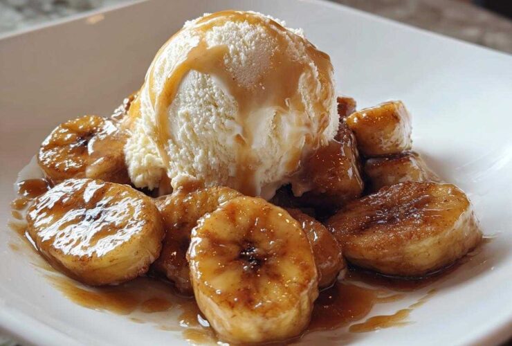 Close-up of caramelized bananas foster slices topped with a scoop of melting vanilla ice cream and caramel sauce.