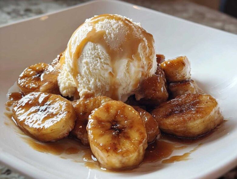 Close-up of caramelized bananas foster slices topped with a scoop of melting vanilla ice cream and caramel sauce.