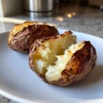 A perfectly cooked air fryer baked potato split open showing fluffy white interior and crispy skin.
