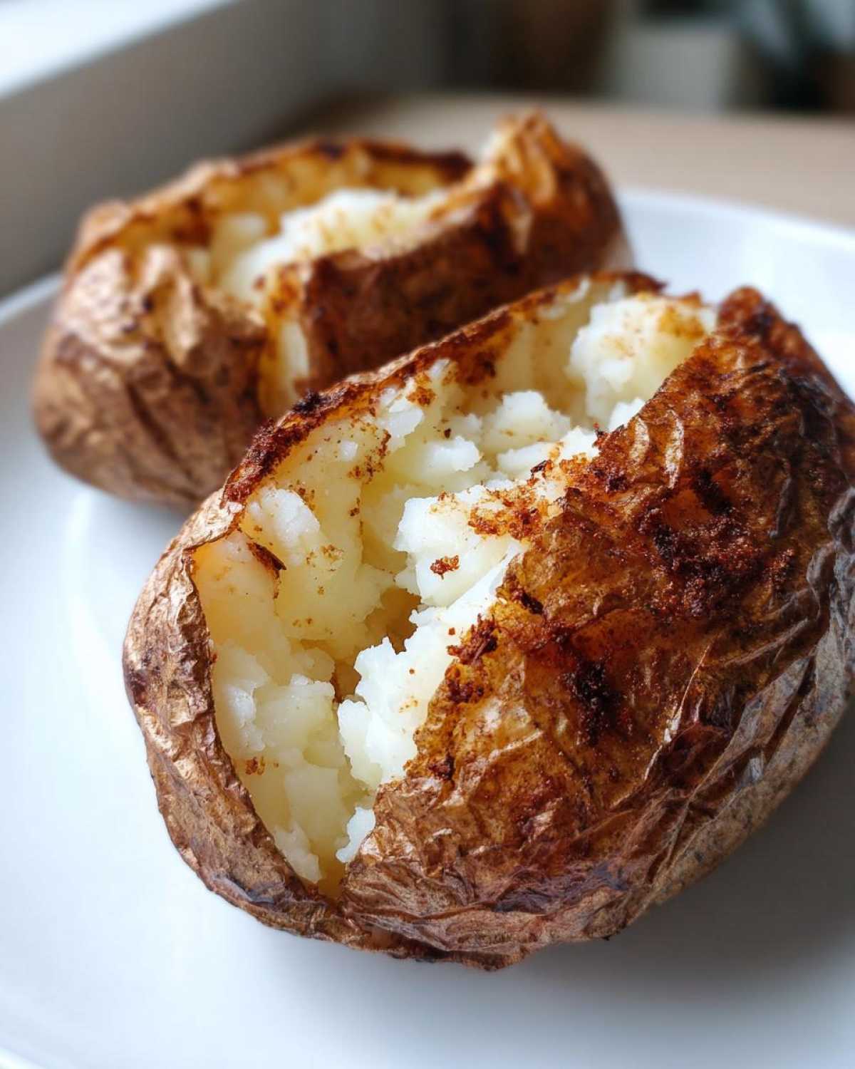 Close-up of a perfectly cooked air fryer baked potato, split open to reveal fluffy white interior and crispy, seasoned skin.