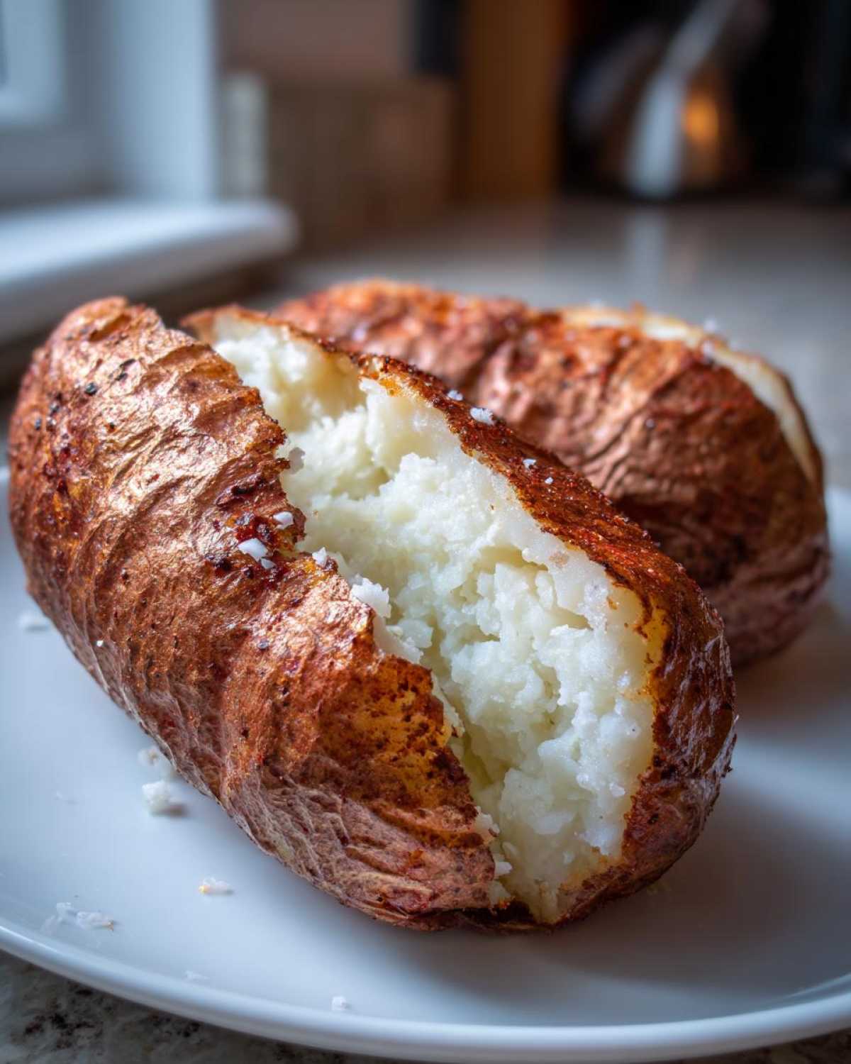 Close-up of a fluffy, split air fryer baked potato with crispy, salted skin on a white plate.