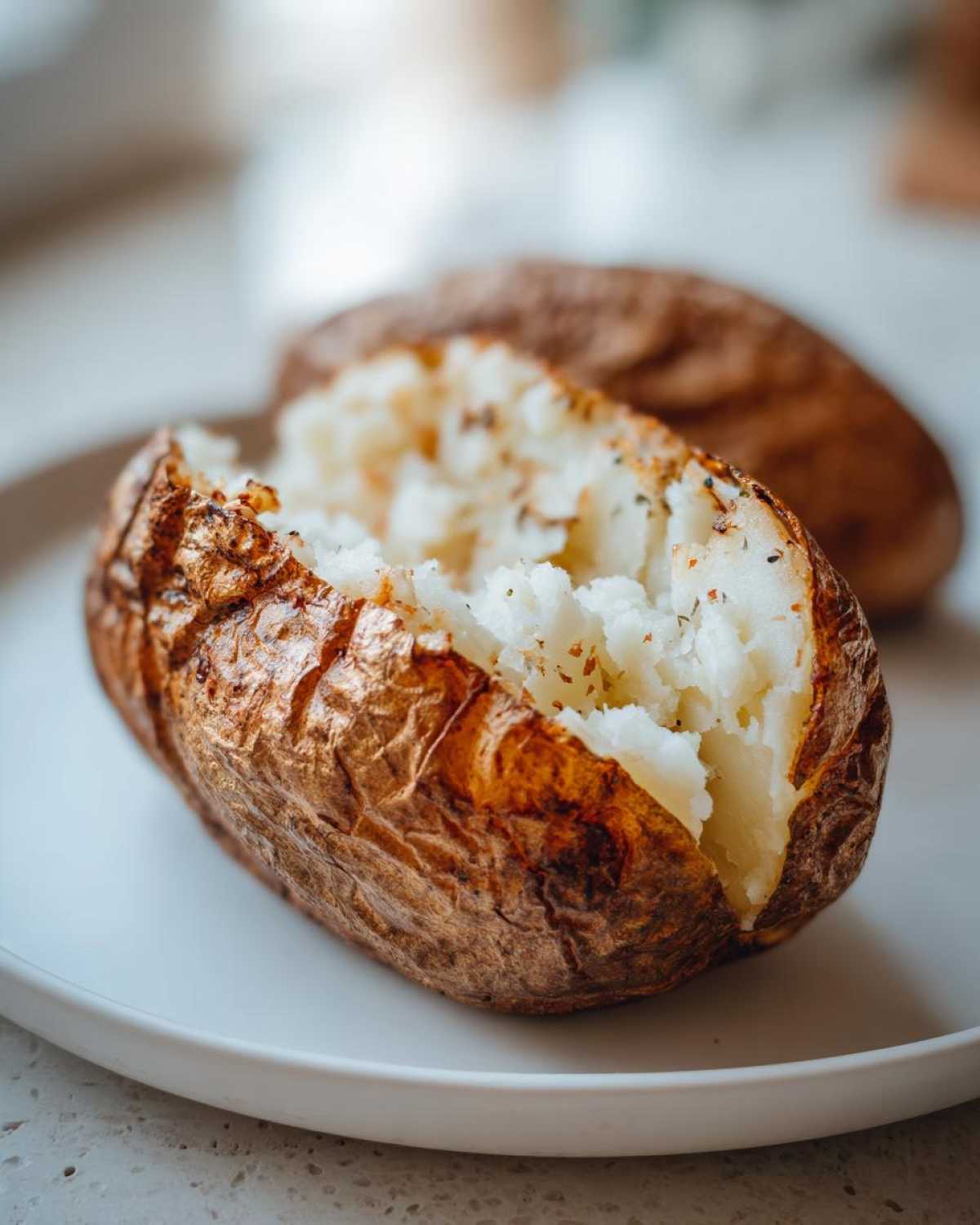 Close-up of a perfectly cooked air fryer baked potato, split open to show fluffy interior and seasoned skin.