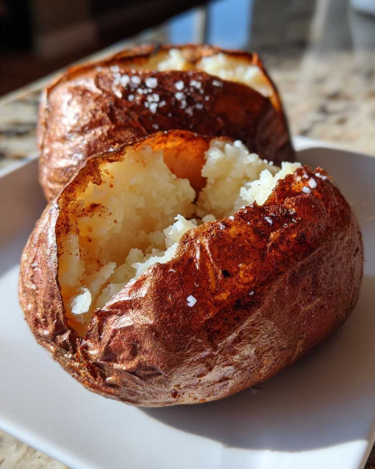 Close-up of a perfectly cooked air fryer baked potato, split open to reveal fluffy interior and crispy, salted skin.