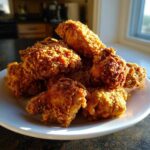 A pile of crispy, golden brown air fryer fried chicken pieces stacked high on a white plate.