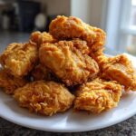 A pile of golden brown, crispy air fryer fried chicken pieces stacked high on a white plate.