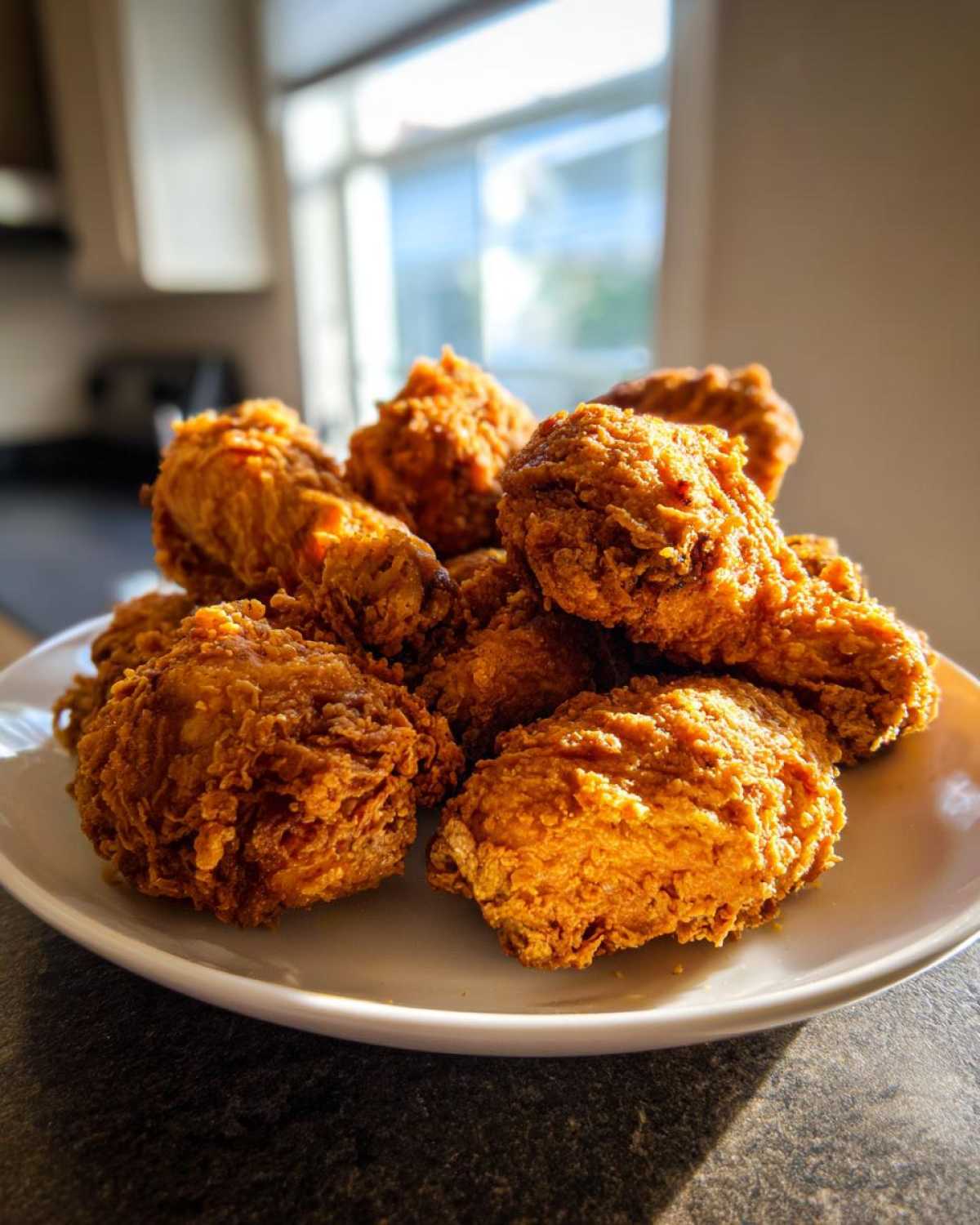 A pile of golden brown, crispy air fryer fried chicken pieces stacked high on a white plate.