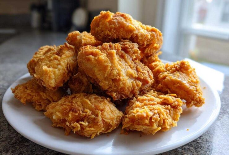 A pile of golden brown, crispy air fryer fried chicken pieces stacked high on a white plate.