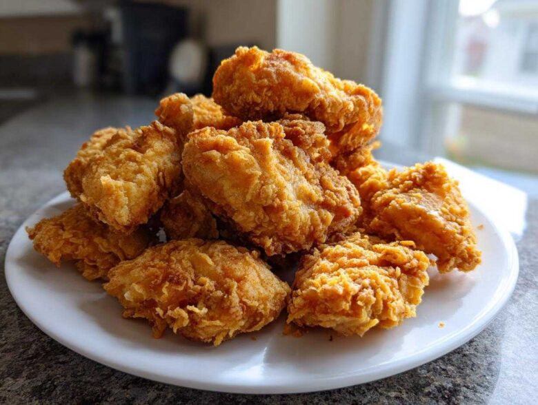 A pile of golden brown, crispy air fryer fried chicken pieces stacked high on a white plate.