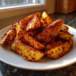 A plate piled high with golden, crispy air fryer potato wedges seasoned with paprika.
