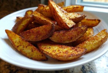 A close-up of golden brown, seasoned air fryer potato wedges piled high on a white plate.