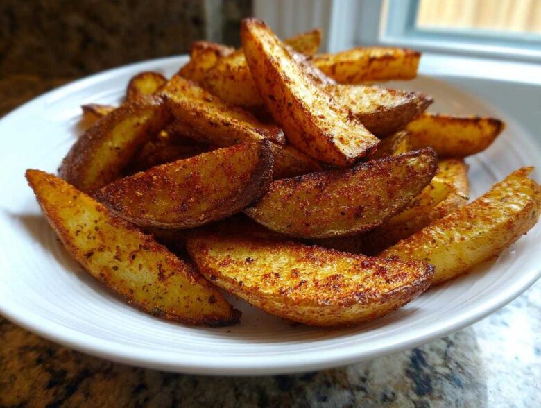 A close-up of golden brown, seasoned air fryer potato wedges piled high on a white plate.