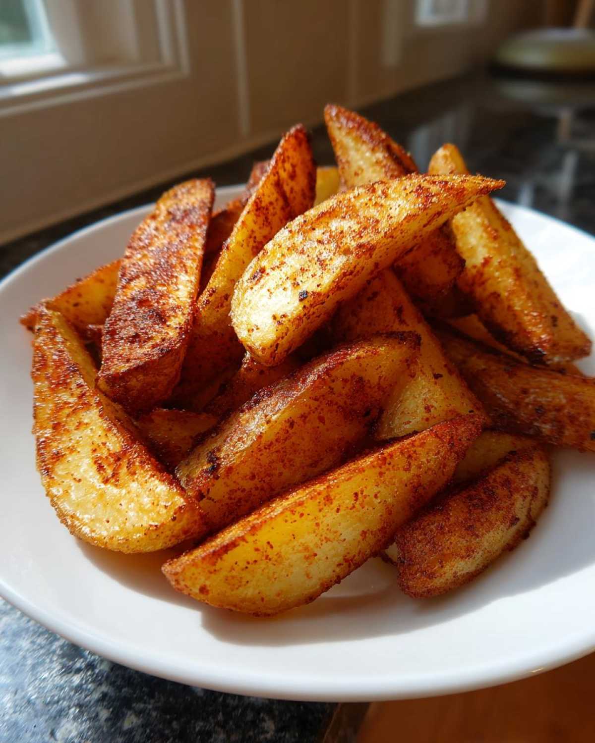 A close-up of perfectly seasoned and crispy air fryer potato wedges piled high on a white plate.
