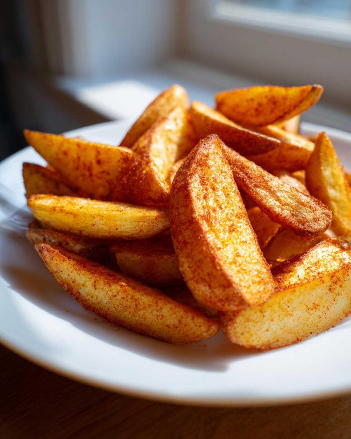 Close-up of golden, seasoned air fryer potato wedges piled high on a white plate near a window.