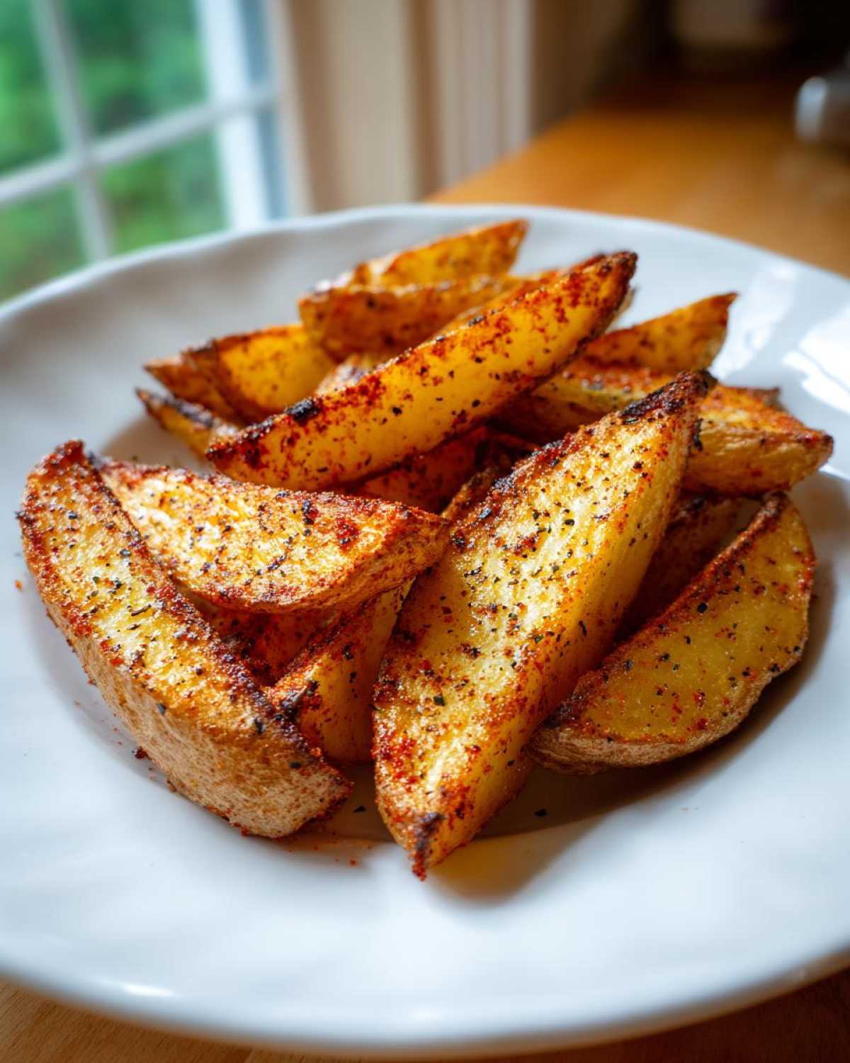 Close-up of golden brown, seasoned air fryer potato wedges piled high on a white plate.