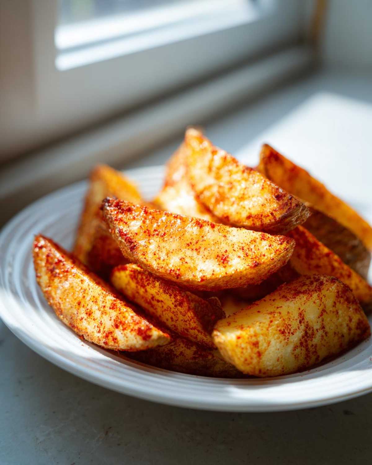Close-up of golden, seasoned air fryer potato wedges piled on a white plate near a window.