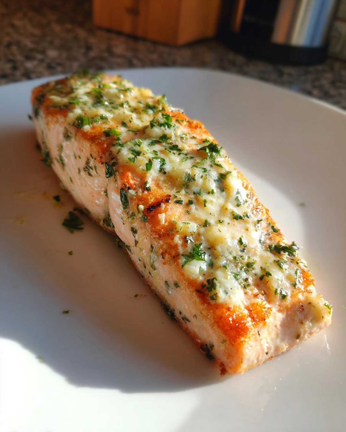 A perfectly cooked fillet of air fryer salmon topped with melted garlic butter and fresh parsley.