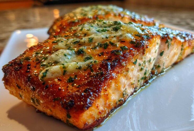 Close-up of a perfectly cooked, juicy air fryer salmon fillet topped with melted garlic butter and fresh parsley.