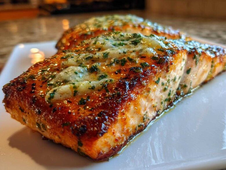Close-up of a perfectly cooked, juicy air fryer salmon fillet topped with melted garlic butter and fresh parsley.