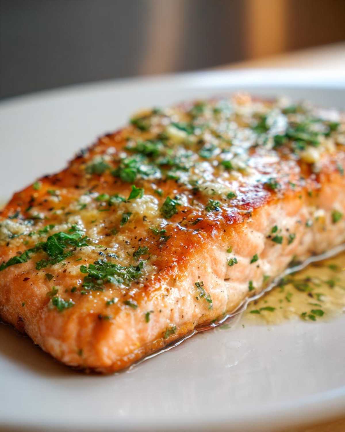 Close-up of a perfectly cooked, juicy air fryer salmon fillet topped with melted butter, garlic, and fresh parsley.