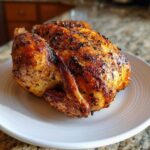 A beautifully browned and seasoned air fryer whole chicken resting on a white plate.