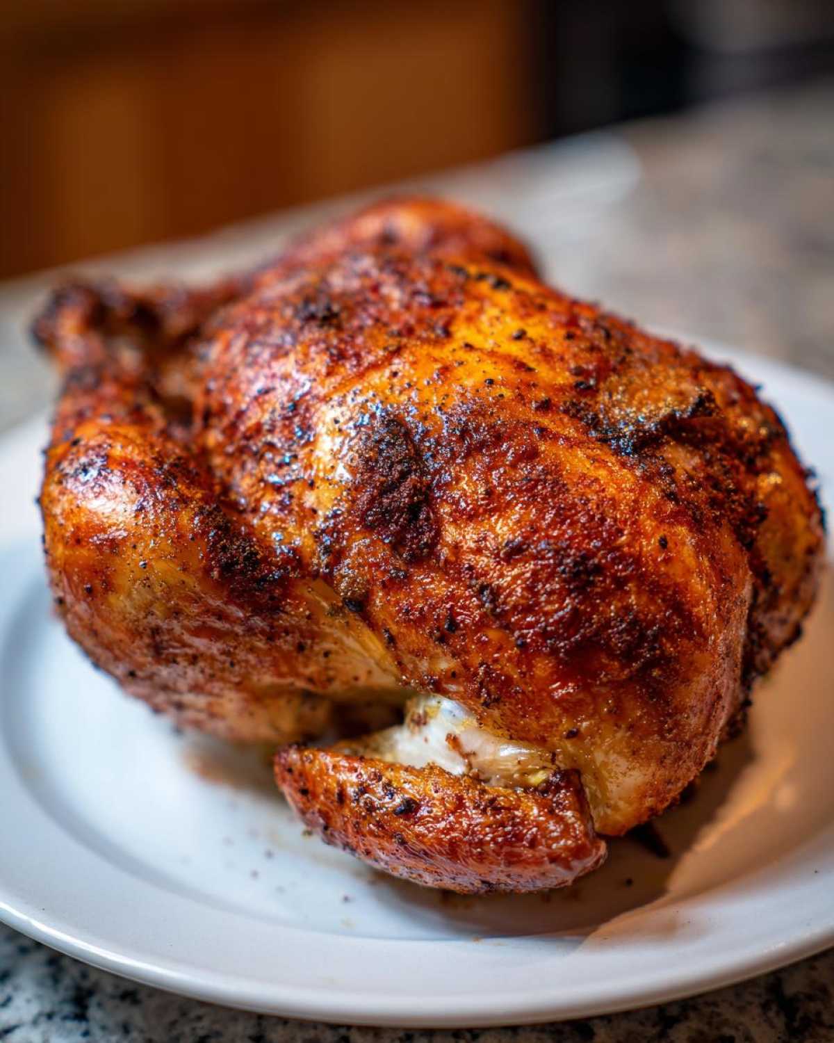 A beautifully roasted, crispy-skinned air fryer whole chicken resting on a white plate, ready to serve.