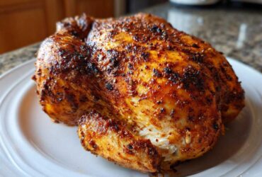 A beautifully browned, seasoned air fryer whole chicken resting on a white plate, showing crispy skin.