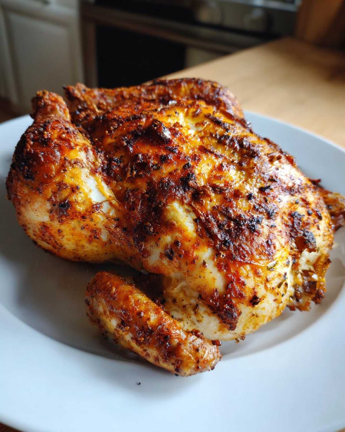 A perfectly cooked, crispy skin air fryer whole chicken seasoned with spices resting on a white plate.