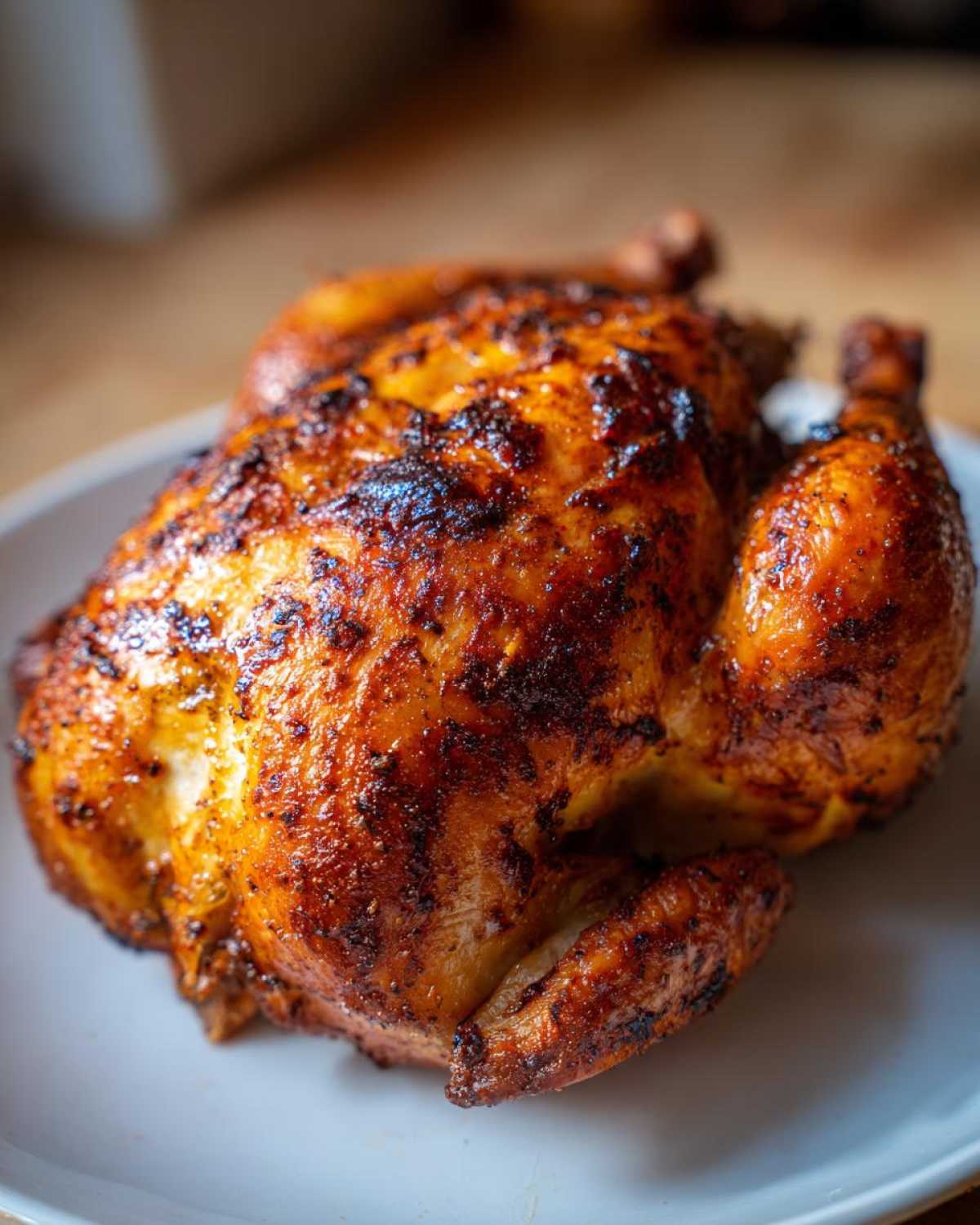 A beautifully browned and crispy air fryer whole chicken resting on a white plate, ready to serve.