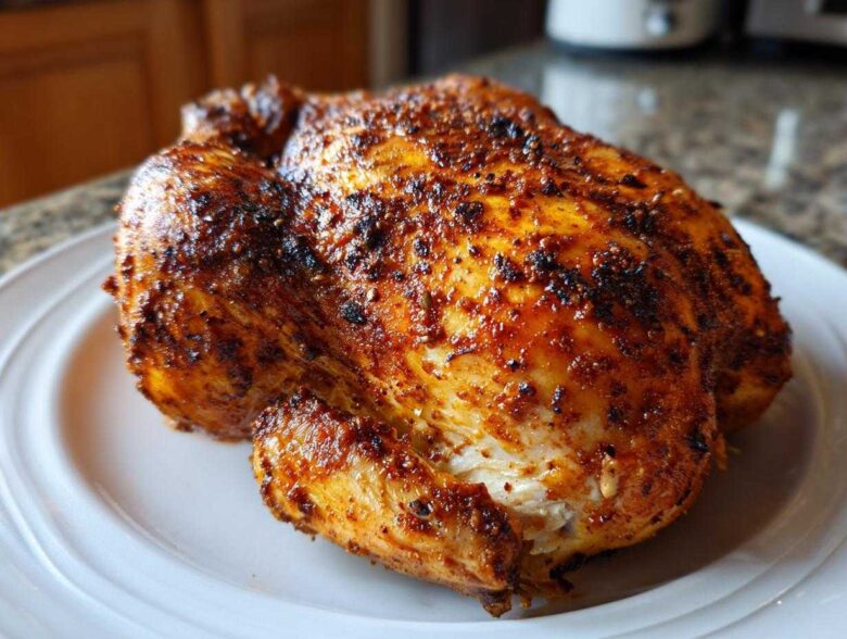 A beautifully browned, seasoned air fryer whole chicken resting on a white plate, showing crispy skin.