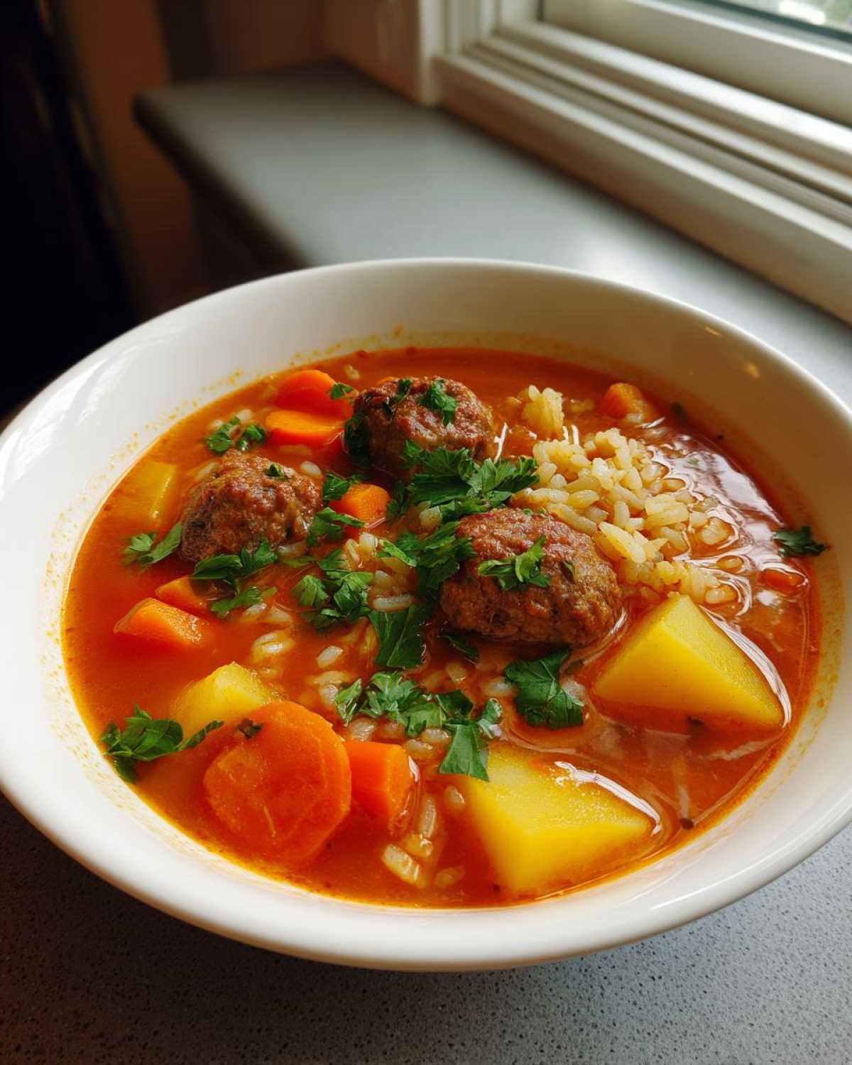 A close-up of a white bowl filled with rich, tomato-based albondigas soup featuring meatballs, carrots, potatoes, and rice.