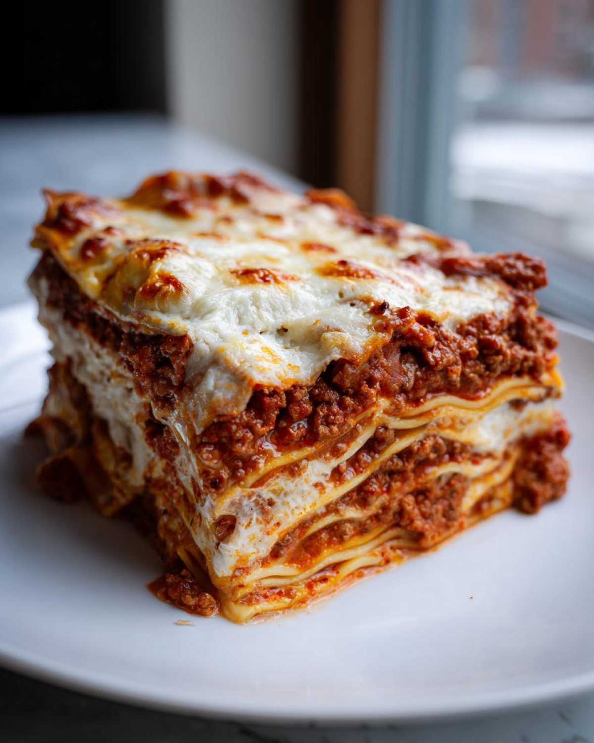 A tall, layered slice of rich meat lasagna with melted, browned cheese topping served on a white plate.