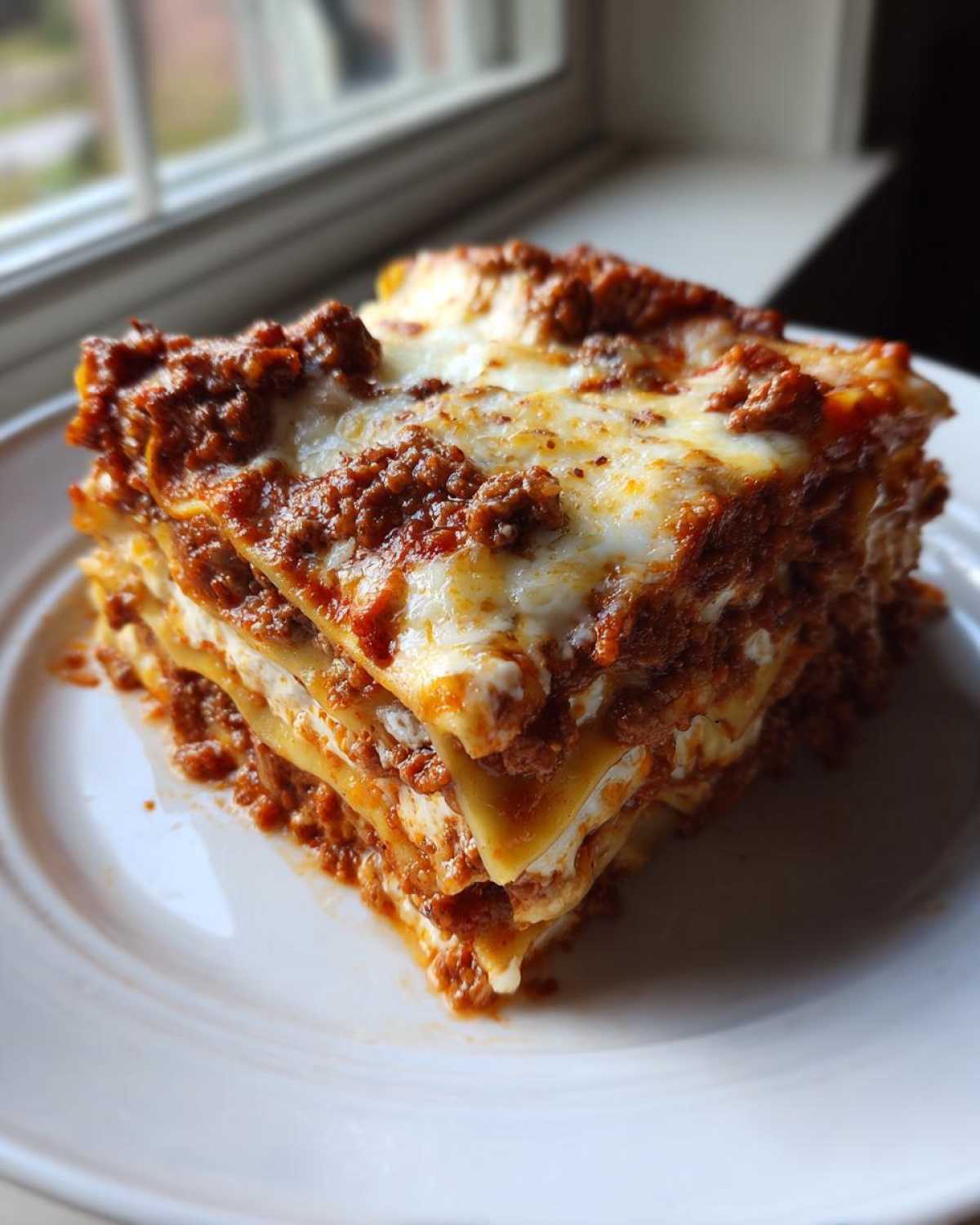 A thick, layered slice of amazing 1-dish lasagna with rich meat sauce and melted cheese.