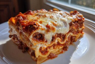 A thick, cheesy slice of amazing 1-dish lasagna with rich meat sauce layers on a white plate.