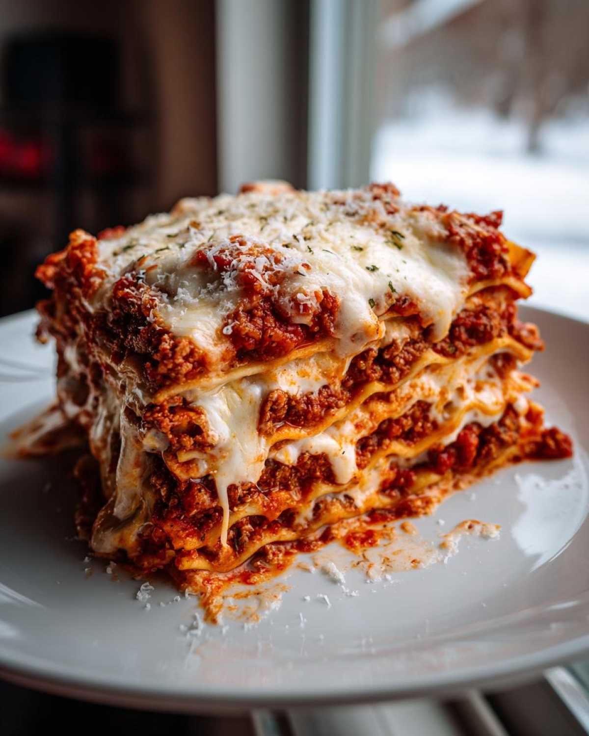 A tall, cheesy slice of amazing 1-dish lasagna with rich meat sauce and melted mozzarella.