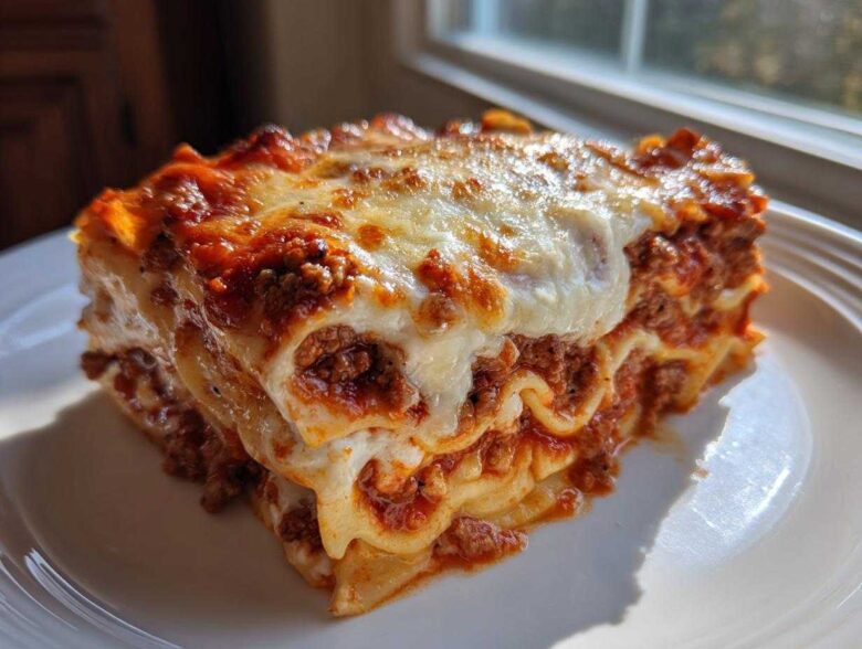 A thick, cheesy slice of amazing 1-dish lasagna with rich meat sauce layers on a white plate.