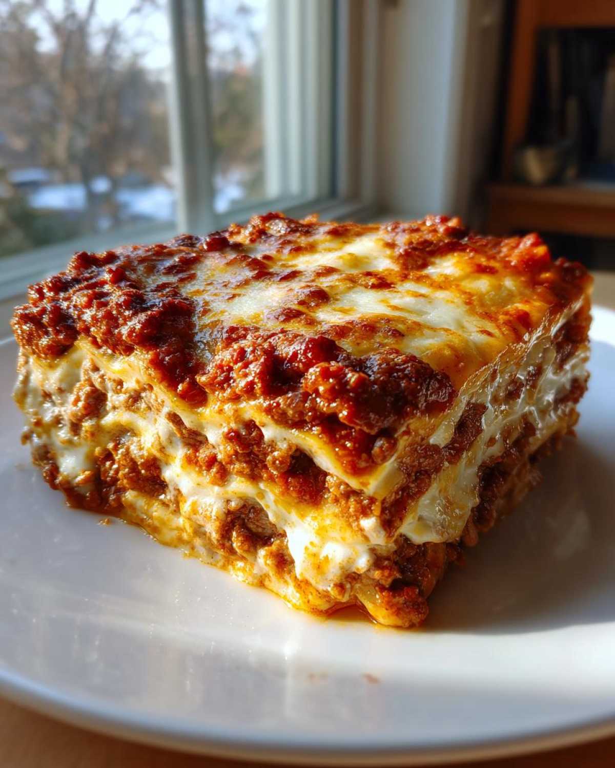 A thick, layered slice of amazing 1-dish lasagna with rich meat sauce and melted cheese, served on a white plate.